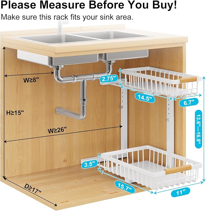 2 Pack Under Sink Organizer, Pull Out Cabinet Organizers, Adjustable Height 2-Tier Metal Slide Out Shelf for Bathroom Under Counter Storage, Kitchen Pantry Laundry Organization Rack, White - Image 2