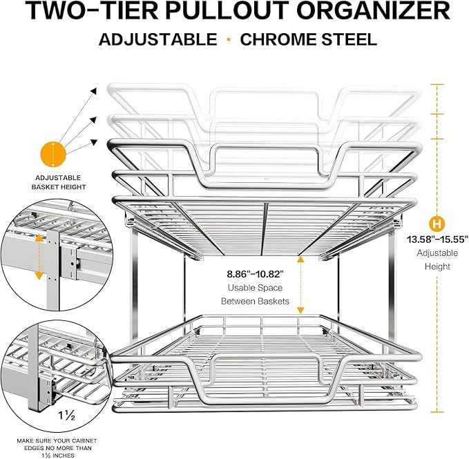 2-Tier Kitchen Cabinet Pull Out Shelf and Drawer Organizer Slide Out Pantry Storaqe Basket in Multiple Sizes (15" W x 21" D) - Image 3
