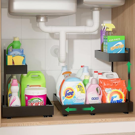 Under Sink Organizer, L-Shaped Pull Out Cabinet Rack for Kitchen | Expandable Width, 6-Level Height, Built For Bathrooms And Laundry Rooms, Quiet Sliding Rails, Duty Alloy Steel Frame,2 Pack by REALINN
