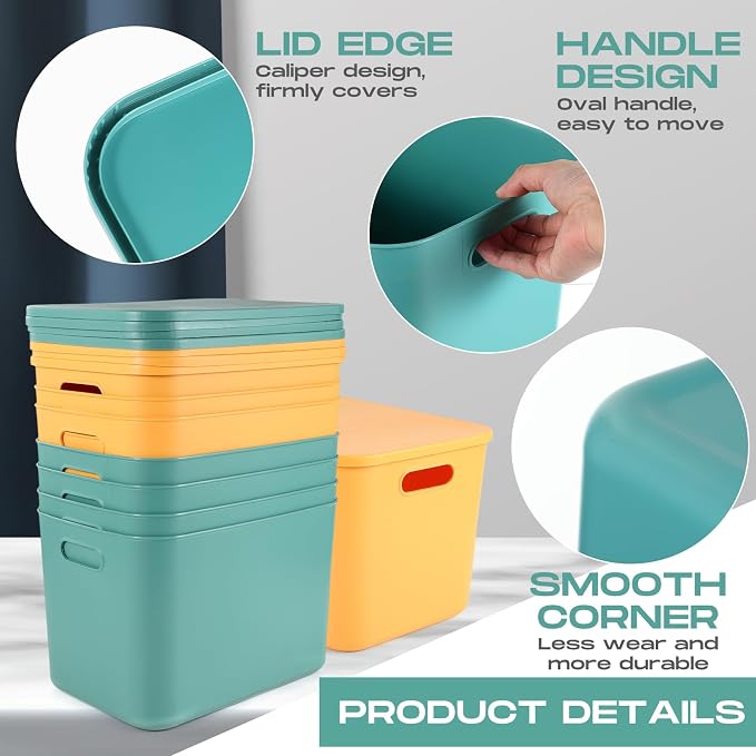 8 Pieces Colorful Storage Bins with Lid, Plastic Storage Basket Organizing Container Stackable Box with Handle for Shelves Desktop Playroom Office(14.2 x 10.2 x 9.5 Inch,Green and Yellow) - Image 3