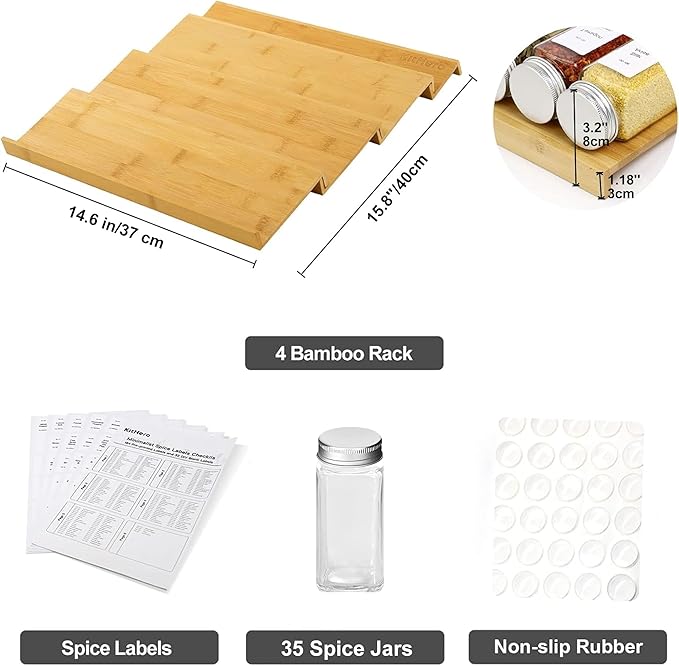 Spice Drawer Organizer with 35 Spice Jars,216 Labels,25 Non-slip Rubber, Bamboo 4 Tier Seasoning Rack Tray Insert for Kitchen Drawers,Cabinets,Countertop,14.6" Wide x 15.8" Deep - Image 3