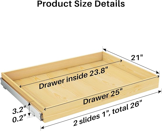 Pull Out Cabinet Organizer, Soft Close Wooden Slide Out Drawers for Pots and Pans, Full-extension Roll Out Shelves for Kitchen Cabinets, Pantry Organization, Bottom & Side Mount(26"W X 21"D x 3.4''H) - Image 2