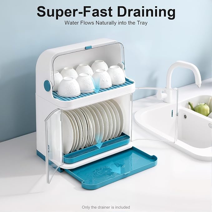 2 Tier Dish Drying Rack with Lid Cover Kitchen Counter Organizer with Drainboard & Cutlery Holder Space Saving for Small Kitchen - Image 7