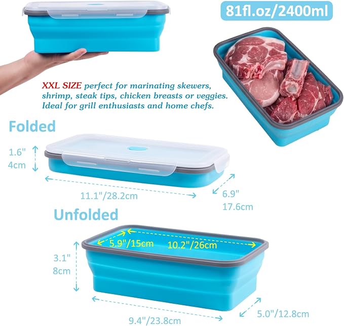 Extra Large Collapsible Food Storage Containers with Lid & Air Vent, 81 oz, 4 Pack, XXL Collapsible Marinade Container BBQ Prep Foldable Silicone Containers, Microwave Freezer Dishwasher Safe, Blue - Image 6
