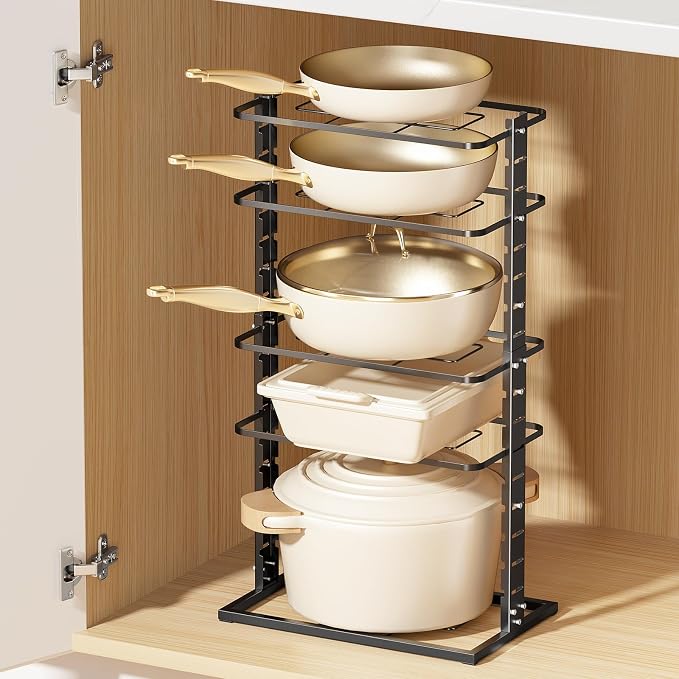 LAMU Pots and Pans Organizer Under Cabinet, 5 -Tier Dual-Pillar Design | Adjustable All-Metal Rack Stores Pots, Pans And Lids in Cabinets, on Countertops or Under Sinks, Holding Up to 55 Lb Black - Image 8