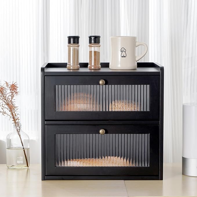 Sunhoo Bread Box for Kitchen Countertop Wooden Bread Storage Container Bin 2 Layer Breadbox Holder Large Capacity Keeper Vintage Farmhouse Food Organizer Pantry Shelf Acrylic Window（Black） - Image 3