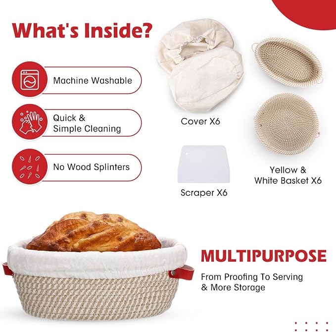 Gejoy 6 Set Cotton Rope Banneton Bread Proofing Basket with Cloth Liner and Plastic Scraper Banneton Dough Sourdough Proofing Bowls Kit for Home Sourdough Bakers (Round, Oval, 9'', 10'') - Image 3