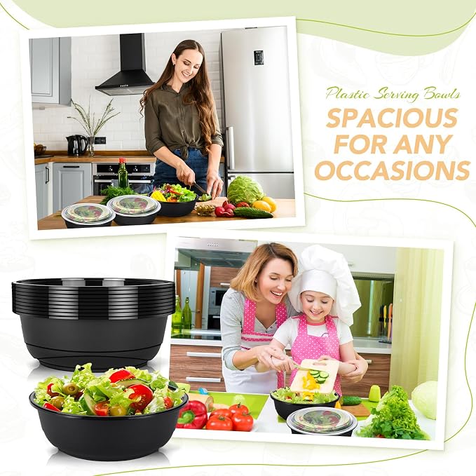 10 Pack 135 oz Large Plastic Serving Bowls with Lids Round Extra Large Disposable Salad Bowls Containers Chip Candy Dish for Salads and Snacks Party Picnic Buffet Eating(Black) - Image 4