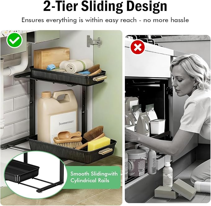 ARSTPEOE Under Sink Organizer - 2 Pack Multi-Purpose Pull-Out Storage Shelf | Slide out Pull out Cabinet Organizer Shelf, Storage for Kitchen Bathroom - Image 4