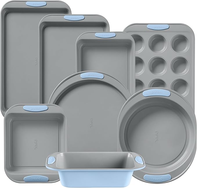 Pyrex 8-Piece Metal Bakeware Set with Heatsafe Silicone Handles, Cerulean | Lightweight stainless steel baking trays with heatsafe silicone handles, made without PFAS, mercury, lead, cadmium & BPA by Pyrex