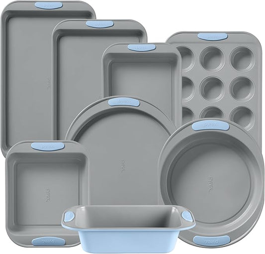 Pyrex 8-Piece Metal Bakeware Set with Heatsafe Silicone Handles, Cerulean | Lightweight stainless steel baking trays with heatsafe silicone handles, made without PFAS, mercury, lead, cadmium & BPA by Pyrex