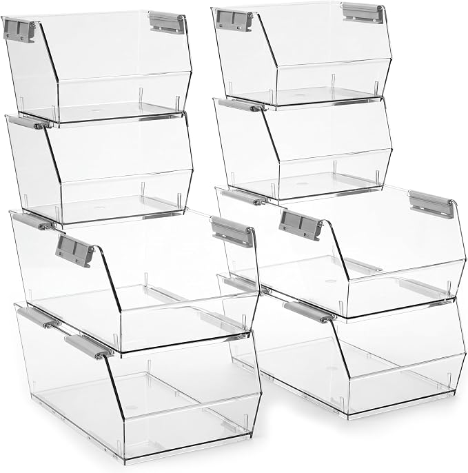 HOMESTEAD Set of 8 Stackable Storage Bins, 4 Large + 4 Small Clear Plastic Organizer Bins, Open Front Design for Kitchen Pantry, Fridge, Cabinet, Bathroom Organization and Bulk Snack Storage by Homestead