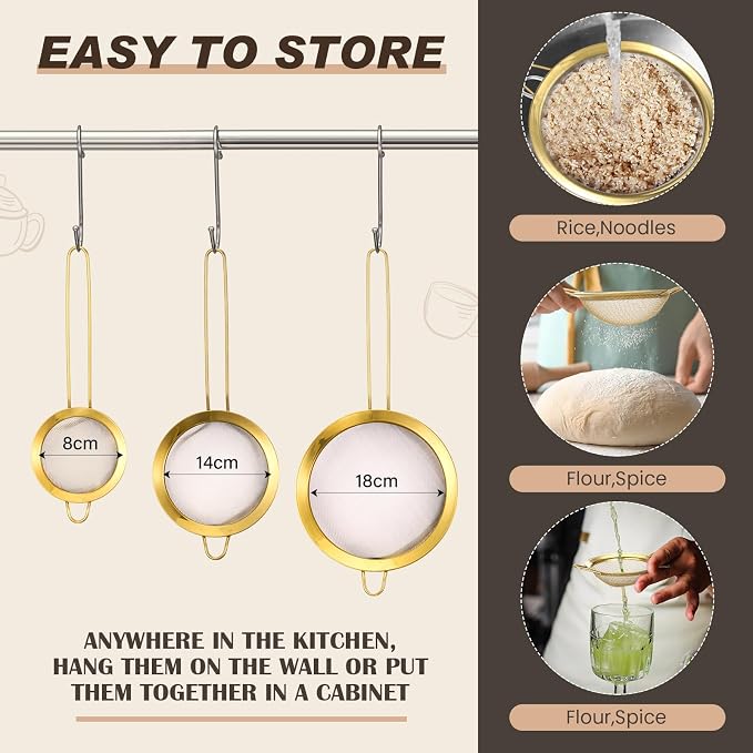 Norme 7 Quart Stainless Steel Gold Colander and 3 Pcs Gold Fine Mesh Strainer, Stainless Steel Pasta Rice Food Metal Strainer with Handles, Easy Clean and Dishwasher Safe - Image 3