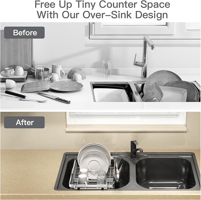 Dish Drying Rack Over The Sink with Utensil Holder, Mat | Expandable Stainless Steel Dish Drainer for Small Kitchen, Apartment, RV, Counter Space Saving, Perfect Fit, Rustproof - Image 3