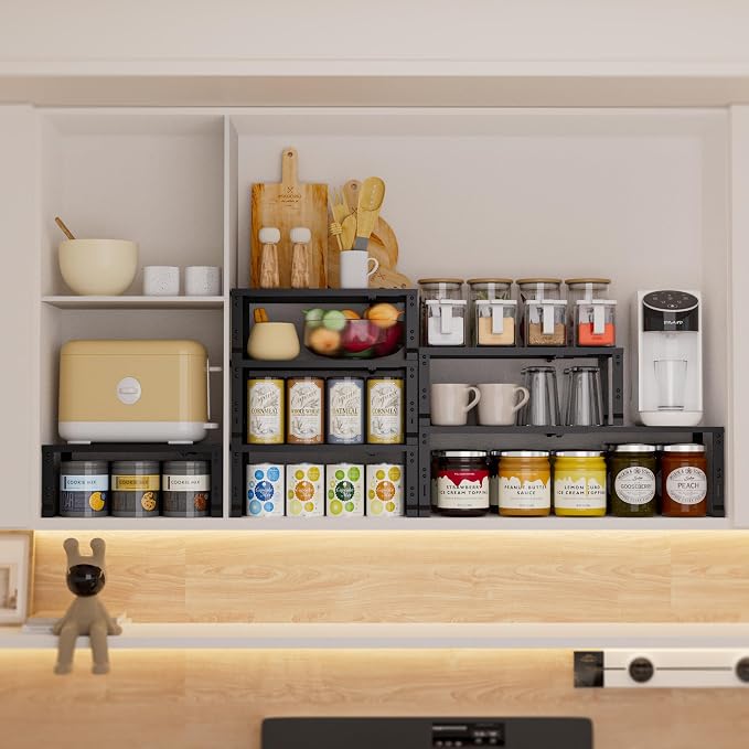 Expandable Spice Rack,Stackable Storage for Cabinet, Multi-Functional Kitchen Shelving,Height-Adjustable,Sustainable Organizer Solution(1Pack/Black/Large) - Image 4