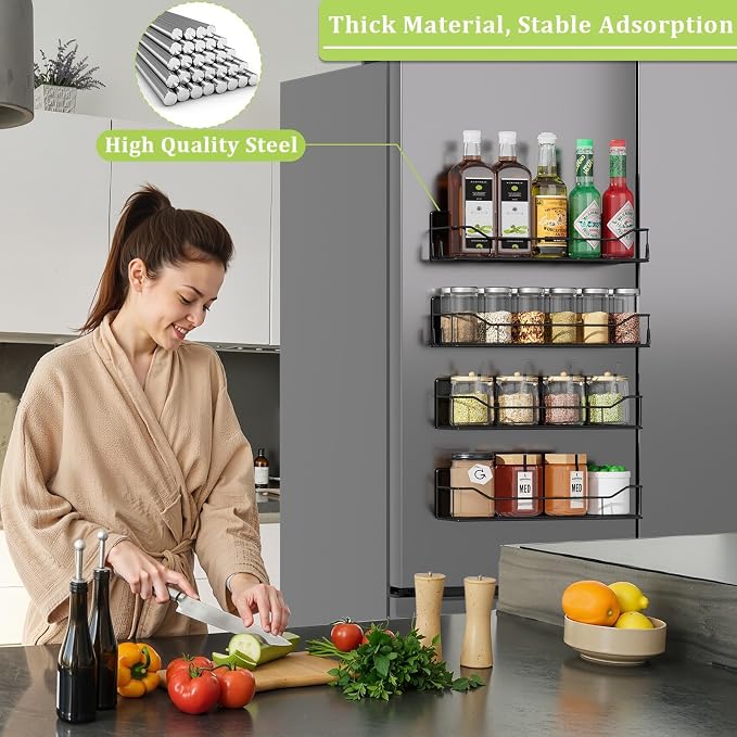 Magnetic Spice Rack for Refrigerator, 4 Pack Metal Strong Magnet Spice Organizer Shelves, Magnetic Fridge Shelf for Kitchen Seasoning Organizer Gadgets, Home Organization and Storage (Black) - Image 5