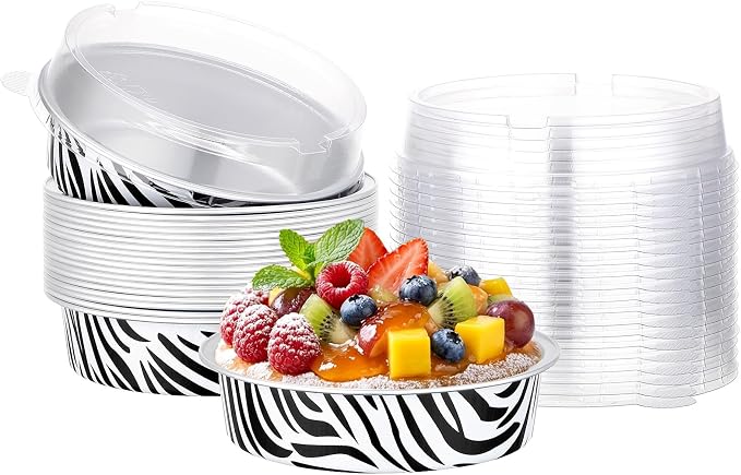 Beasea Mini Tart Pans with Lids 20 Pack, 4" 7.3oz Disposable Aluminum Foil Baking Tins Cups Round Pie Container for Individual Cupcake Dessert Muffin Cheesecake Quiche - Zebra Stripes by Beasea