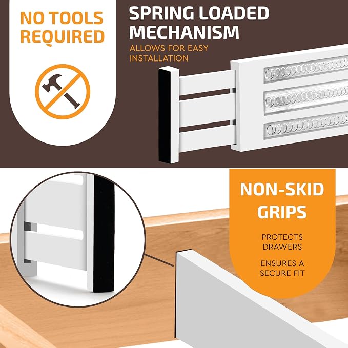 6-Pack Drawer Dividers - 6 Inches High, Adjustable 11 to 17 Inches Bamboo Drawer Organizer, Large Expandable Separator for Clothes, Dresser, Bedroom, Bathroom, Baby, Office, Kitchen Utensil, White - Image 5