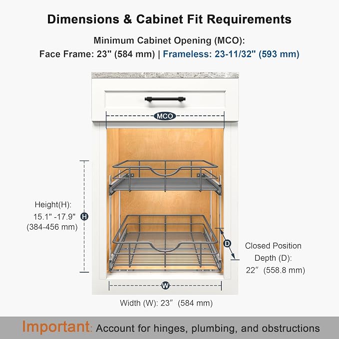 2 Tier Pull Out Cabinet Organizer - 23" W x 22" D Soft Close Slide Out Shelves with Shelf Liners - Pullout Drawers for Kitchen Cabinets, Pantry, Bathroom, Heavy Duty Steel Wire Baskets - Image 2