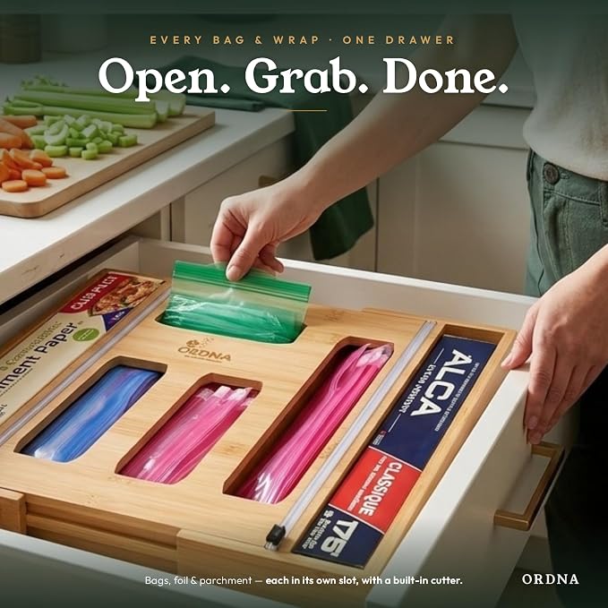 3" Slim 6-in-1 Expandable Storage Bag Organizer Kitchen Drawer - Bamboo Baggie Organizer for Drawer, Aluminum Foil & Saran Wrap Cutter, Plastic, Gallon, Quart & Sandwich Bags (11.5"-17.63" Wide) - Image 3