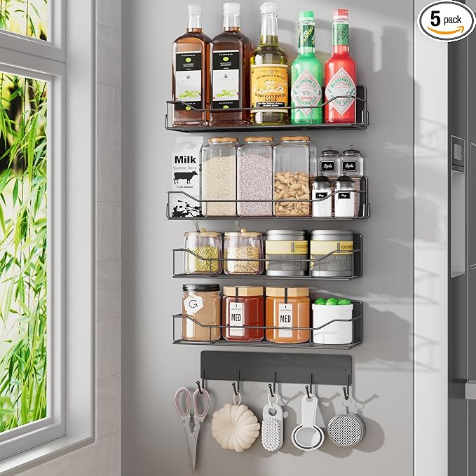 Magnetic Spice Rack for Refrigerator, 5 Pack Metal Strong Magnet Spice Organizer Shelves with Hook Rack, Space Saving Magnetic Fridge Shelf for Home Kitchen Organization and Storage (Black) by IYEBAU
