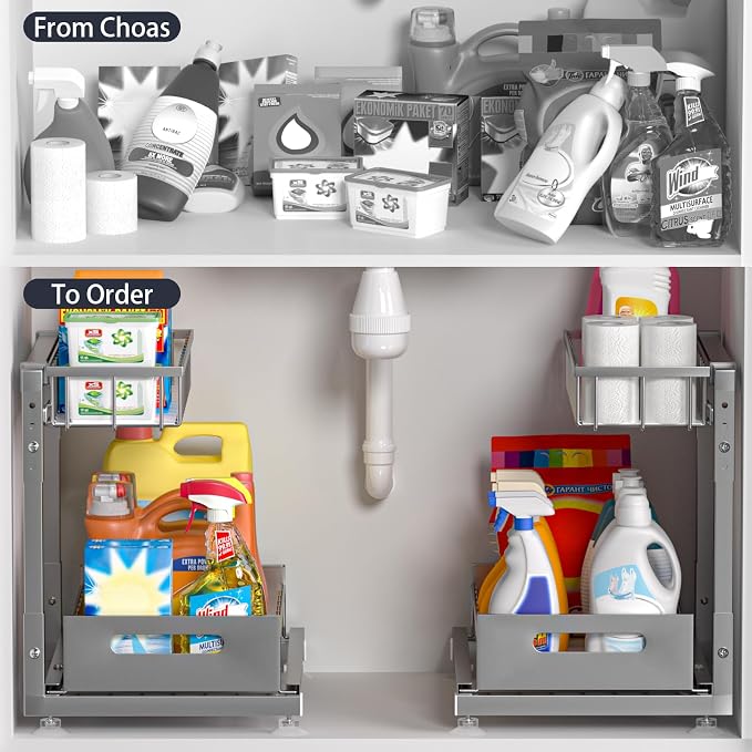 L-Shaped Under Sink Organizer, 2-Tier Pull-out Cabinet Rack 1-Pack | Grey Height-Adjustable Steel Rack, Sliding Grid Drawers with PP Liners, Holds 100 Lbs, Suction Base, Ideal Kitchen Storage - Image 2