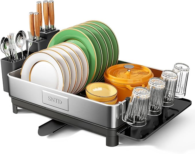 SNTD 304 Stainless Steel Dish Drying Rack for Small Kitchen Counter, Black | Rustproof, Large Capacity, Heavy-Duty Frame, Rotating Spout, Angled Drainboard, Removable Cup & Utensil Holder by SNTD