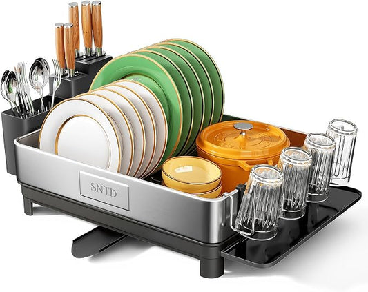 SNTD 304 Stainless Steel Dish Drying Rack for Small Kitchen Counter, Black | Rustproof, Large Capacity, Heavy-Duty Frame, Rotating Spout, Angled Drainboard, Removable Cup & Utensil Holder by SNTD