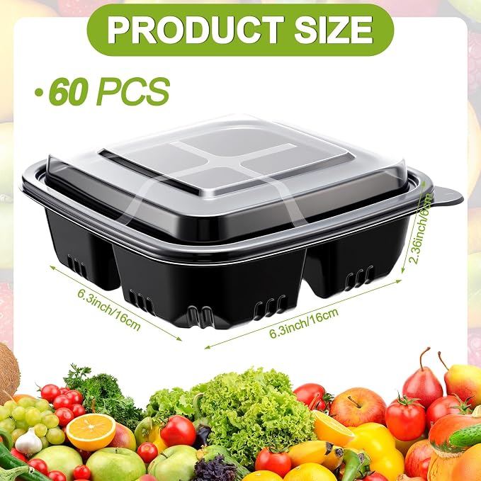 60 Pack 4-compartment Bento Snack Boxes with Lids Divided Lunch Containers for Travel School Camping Outdoor Home (Black) - Image 2