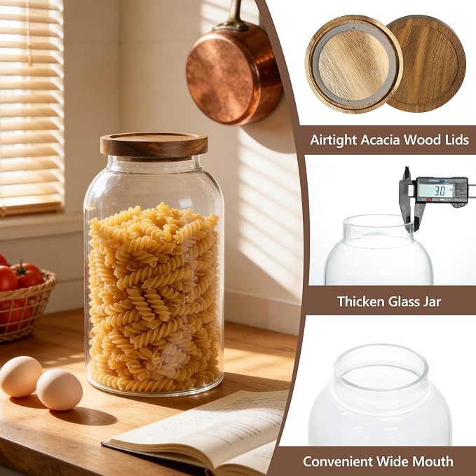 88oz Large Glass Storage Jars with Airtight Acacia Lid and 126 Kitchen Pantry Labels Set of 3, Clear Food Storage Containers for Rice, Pasta, Oats, Cookies and Dry Food - Image 3