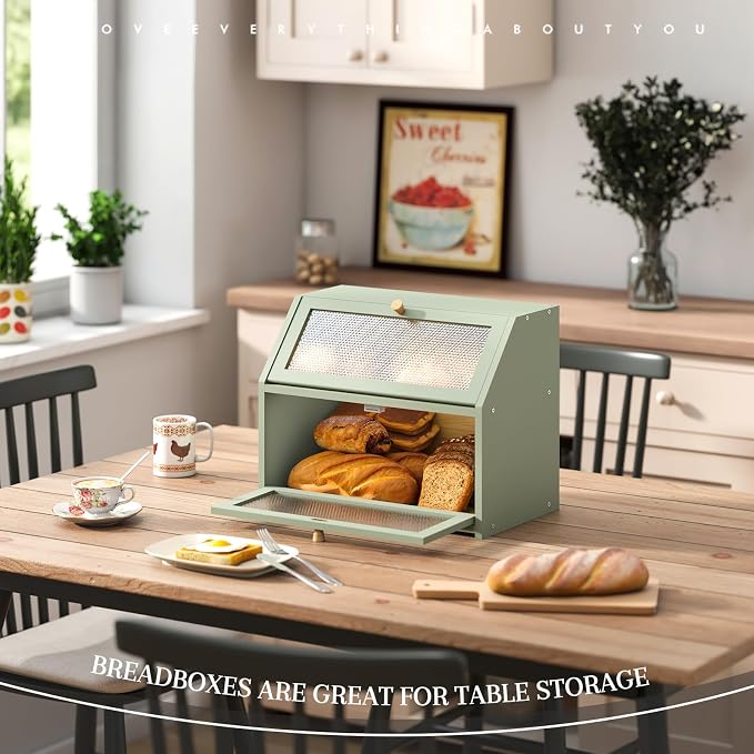 STDDRE Bread Box for Kitchen Countertop Bin Double Layer Bread Box Storage Container Extra Large Capacity Farmhouse with Diamond Pattern Windows (Green, Large) - Image 4