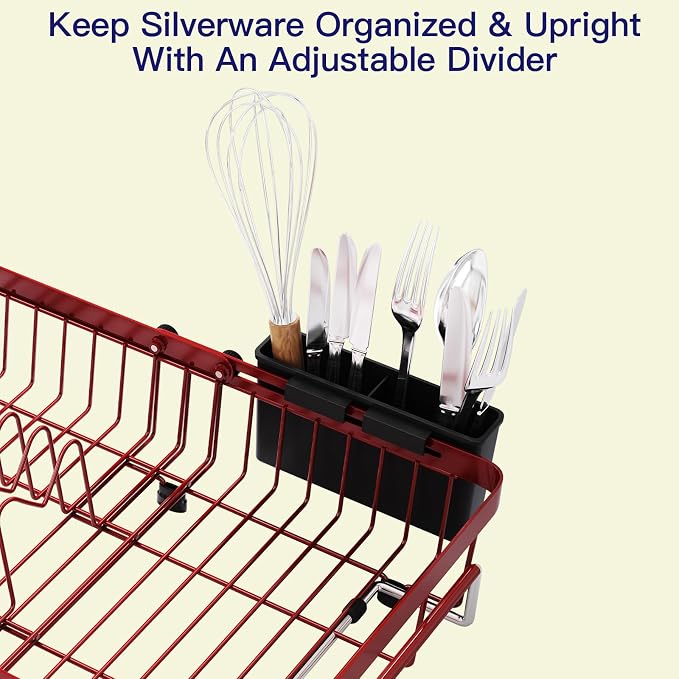 Red Dish Drying Rack Over The Sink with Utensil Holder | Expandable Stainless Steel Dish Drainer for Small Kitchen, Apartment, RV, Counter Space Saving, Perfect Fit, Rustproof - Image 8