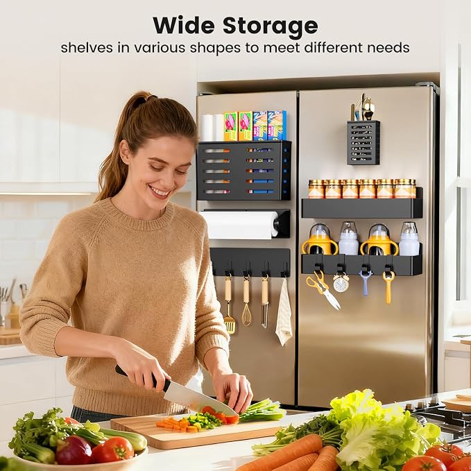 Magnetic Spice Rack for Refrigerator,6 Pack Magnetic Shelf,Fridge Magnet Organizer with Paper Towel Holder,Utensils Racks,Hook Rack,Deepened Basket,Fridge Organizers and Storage Black(6 Pack) - Image 7