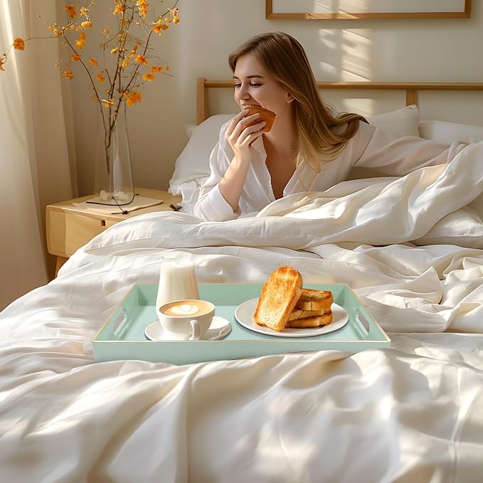 Mint Green Decorative Tray for Ottoman, Serving Tray with Handles | Plastic Melamine Tray, Modern Coffee Table Tray, Rectangle Countertop Organizer Tray for Living Room, 15.8"L x 10.2"W x 1.4"H - Image 6