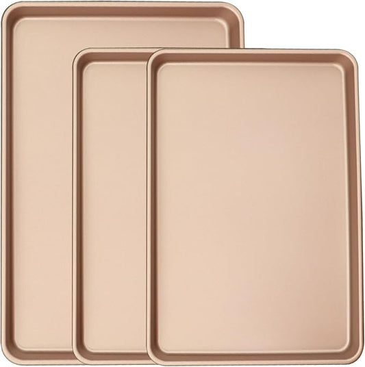 3-Pack Nonstick Carbon Steel Baking Sheet Set | Heavy Duty 0.8mm Cookie Sheets - Large 17.8"x12" & 2 Medium 15.7"x10.8" Commercial Gold Pans for Oven, Roasting & Toaster by JOHOBAKING