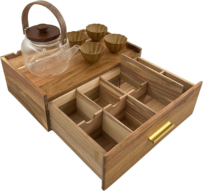 Acacia Wood Tea Bag Organizer with Drawer – Countertop Storage Box | Larger Size Tea Caddy Storage, Tea Station Chest for Countertop, Tea Box Storage Drawer,Customizable compartments - Image 8