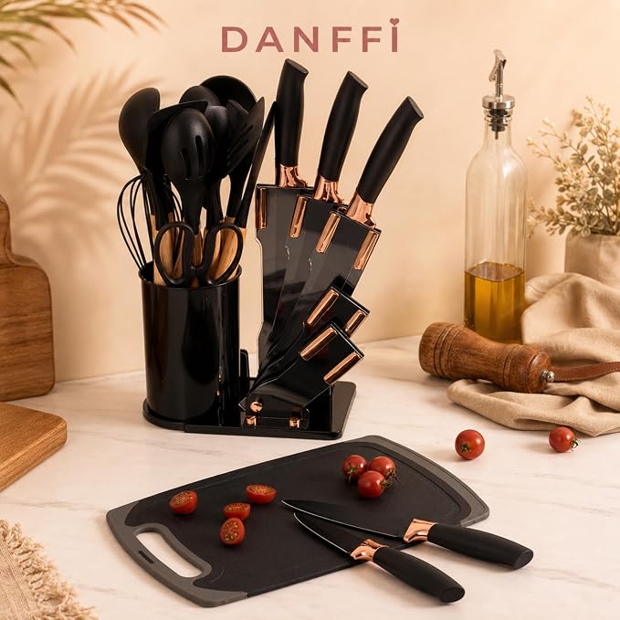 19-Piece Black Kitchen Utensils Set with Knife Set & Cutting Board - Silicone Cooking Utensils with Wooden Handles, Rose Gold Accents, Scissors, Whisk & Tongs - BPA-Free Modern Black Kitchen Gift Set - Image 7
