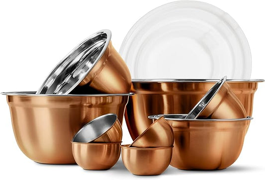 COOK WITH COLOR 18 Piece Mixing Bowls Set with Airtight Lids, Stainless Steel Bowl Organizers, Food Storage Containers, Meal Prep, Nesting Salad Bowls For Cooking, Baking, Kitchen Use, Copper by CookwithColor
