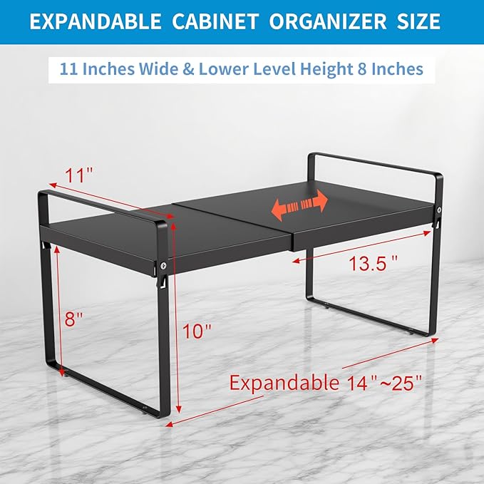 11" Deep Expandable Cabinet Shelf Organizer Riser, 2-Pack Black﻿ | Adjustable 14-25", heavy duty metal pantry storage rack for kitchen cupboard, under sink & countertop, 10" high space saver - Image 2