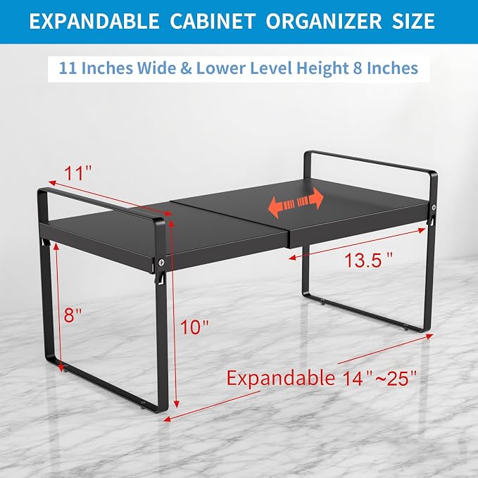 11" Deep Expandable Cabinet Shelf Organizer Riser, 1-Pack Black﻿ | Adjustable 14-25", heavy duty metal pantry storage rack for kitchen cupboard, under sink & countertop, 10" high space saver - Image 2