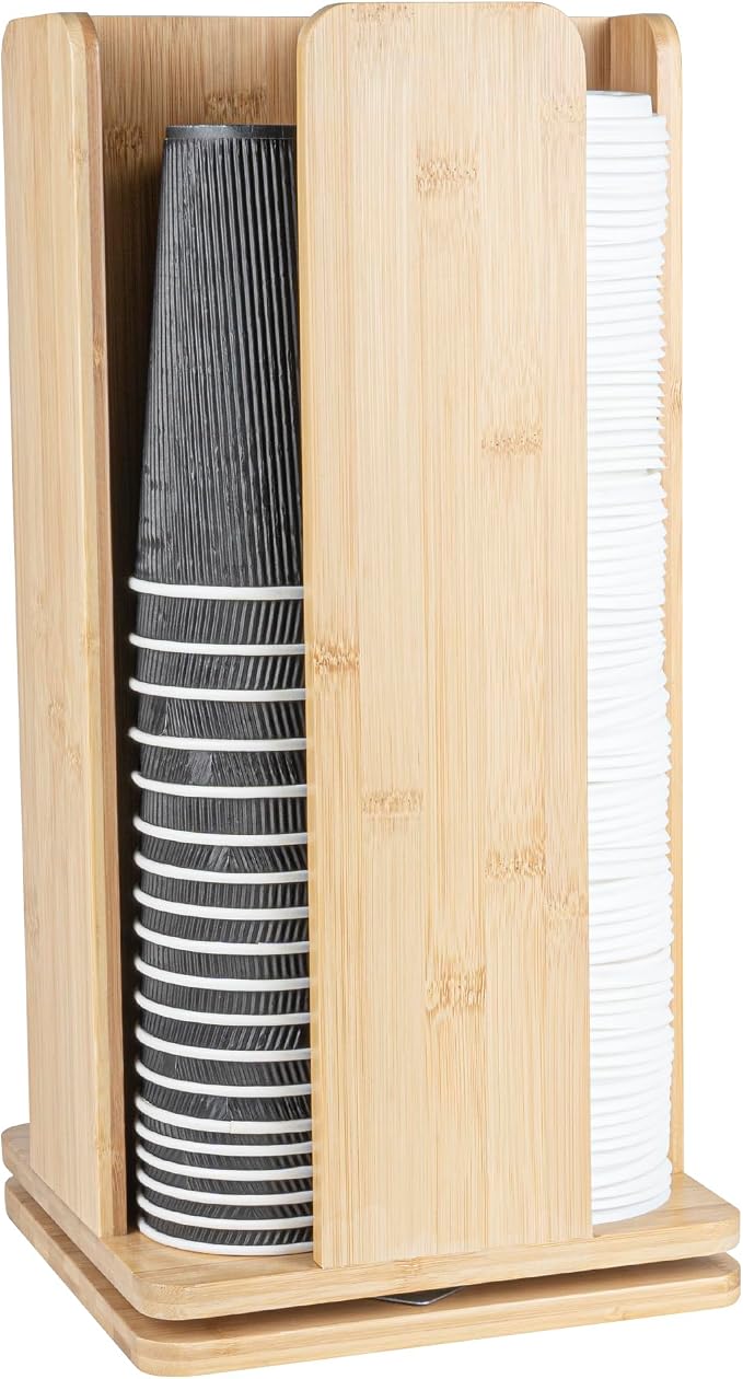 Restaurantware Restpresso 9 x 18 Inch Coffee Cup and Lid Organizer 1 Revolving Cup and Lid Holder - 4 Section Countertop Natural Bamboo Cup and Lid Dispenser For Restaurants Homes or Offices by Restaurantware