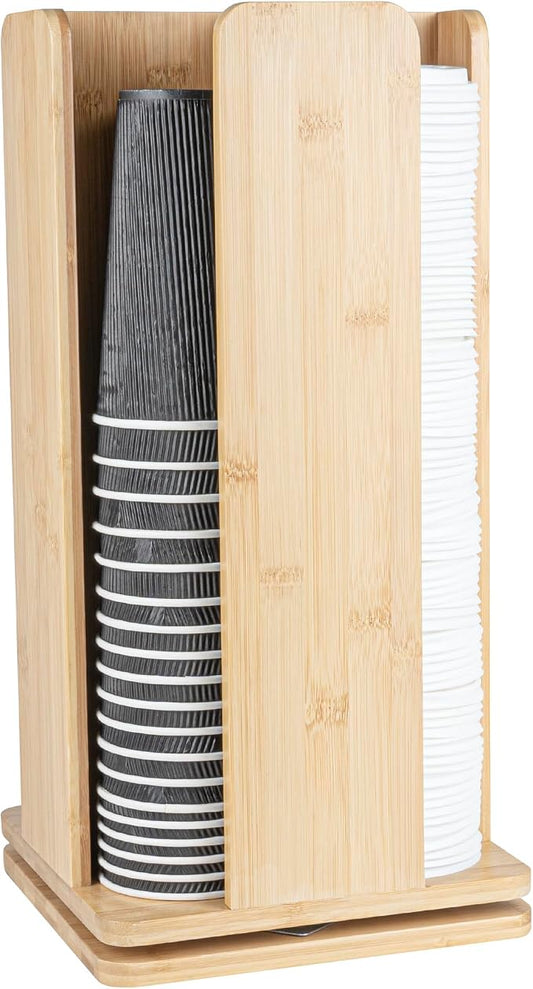 Restaurantware Restpresso 9 x 18 Inch Coffee Cup and Lid Organizer 1 Revolving Cup and Lid Holder - 4 Section Countertop Natural Bamboo Cup and Lid Dispenser For Restaurants Homes or Offices by Restaurantware