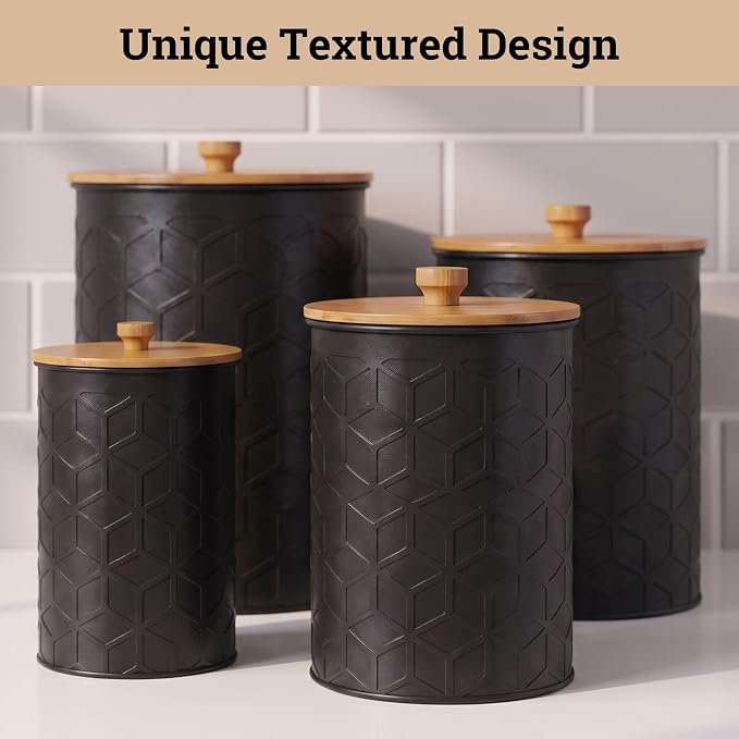 Kitchen Canisters for Countertop Set of 4, Textured Iron w/ Airtight Lids | Airtight Easy Open Bamboo Lids - Dent-Resistant Thick Metal - Sturdy Comfortable Bamboo Handles - Raised Textured Pattern - Image 8
