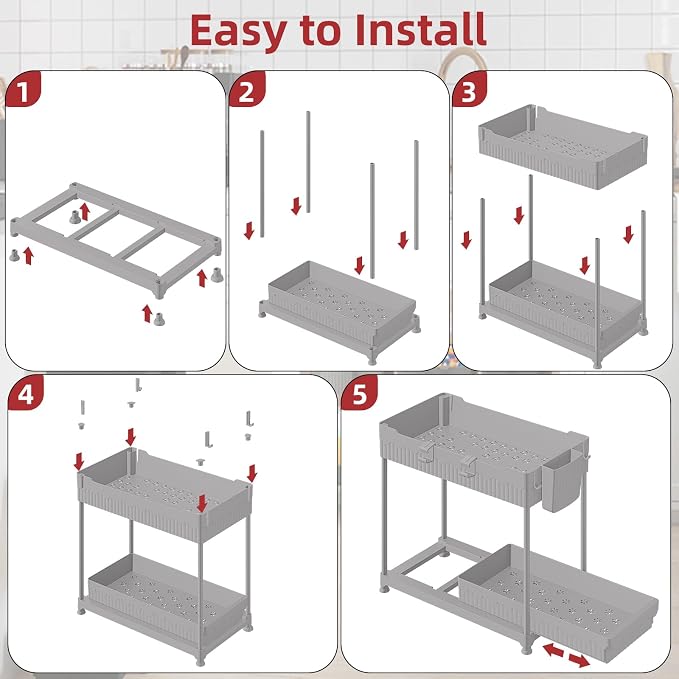 4-Pack 2-Tier Under Sink Organizer with Pull Out Drawers | Multi-use kitchen & bathroom storage. Includes hanging hooks and cups. Gray, space-saving cabinet design. 14.8 Inch - Image 9