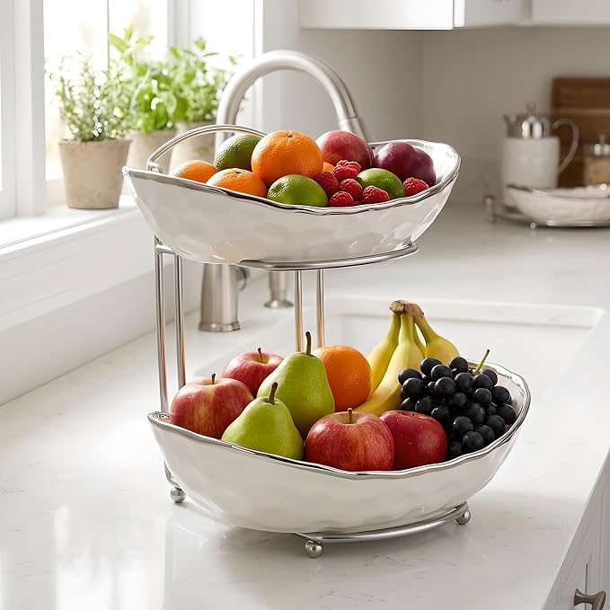 XUDREZ 2 Tier/ 3 Tier Fruit Bowl with Metal Stand for Kitchen Counter, Ceramic Gold Silver White, Portable Tiered Fruit Basket Fruit Rack for Nuts, Snacks, Bread, Candy Storage (White B, 2 Tier) - Image 3