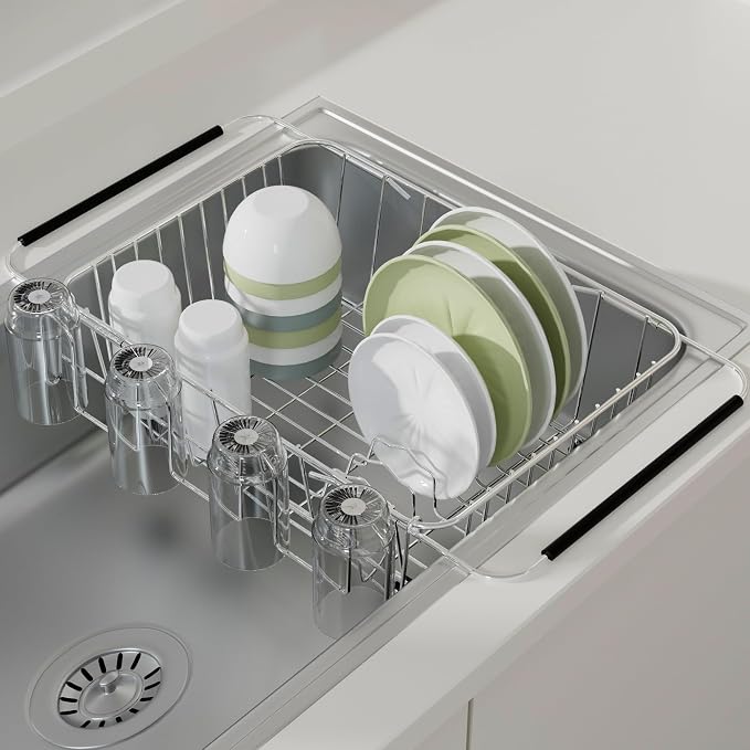 NiuYichee Stainless Steel Dish Drying Rack(15" L X 11" W X 4.1" H), Expandable Drain Rack Over Sink, Dish Drainer Rack in Sink, with Stainless Steel Utensil Holder & 4 Hooks Cup Hanger - Image 2
