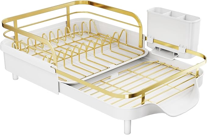 SAYZH Expandable Dish Drying Rack for Small Kitchen Counter, Gold | Stainless Steel, Protective Guardrail, Angled Drainboard, Fits High-Rim Sinks, Removable Utensil Holder - Image 9