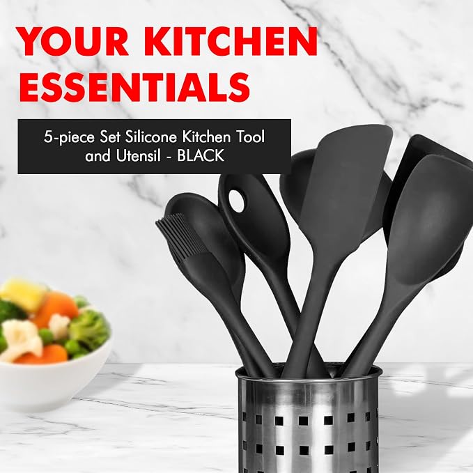 Chef Craft Premium Silicone Kitchen Tool and Utensil Set, 5 Piece, Black - Image 2