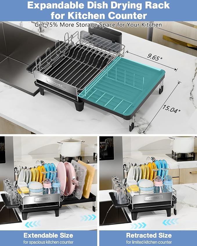 Expandable Dish Drying Rack for Kitchen Counter, 304 Stainless Steel, Flip-Top Retractable Plate, Multi-Directional Adjustable, Space-Saving Large Drying Rack, Black - Image 2