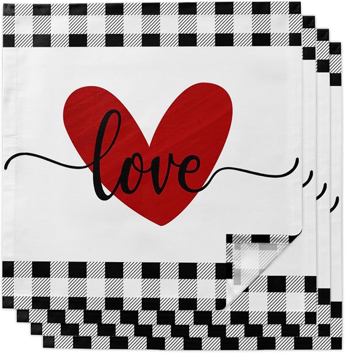 Kitchen Cloth Napkins 4 Pack Reusable Dinner Napkins Love Valentines Red Heart Black White Buffalo Plaid Polyester Soft Smooth Fabric Table Napkin for Wedding Banquet Party Decoration (20x20 Inches) by T%26H+XHome